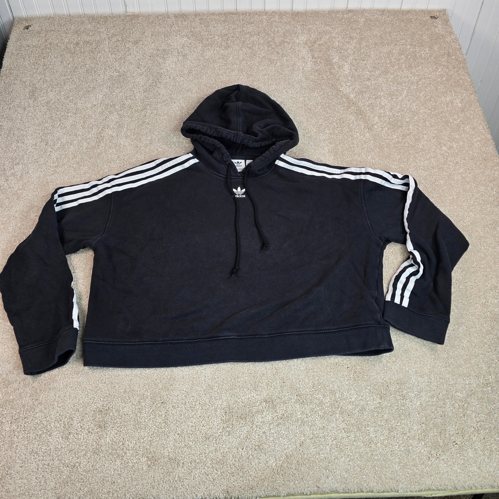 Adidas Originals Womens Cropped Hoodie Black White 3 Stripe Trefoil Large